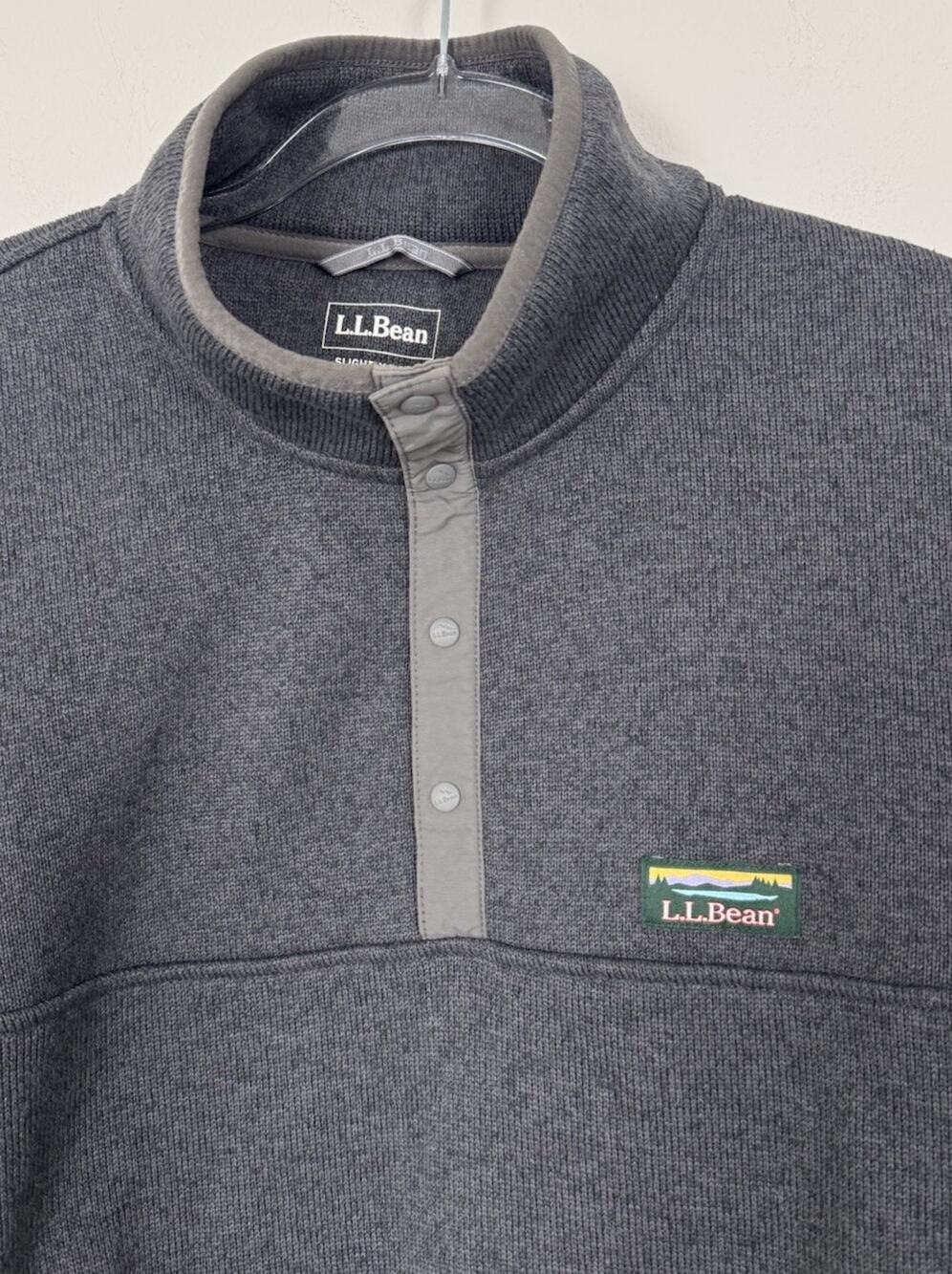 LL Bean Sweater Fleece Pullover Grey Snap Collar Mens Large Reg Slightly Fitted
